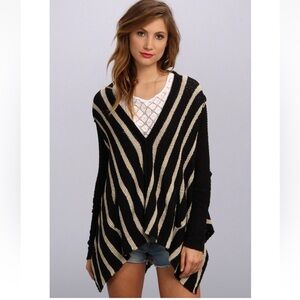 Free People Black and Cream Striped Poncho Sweater